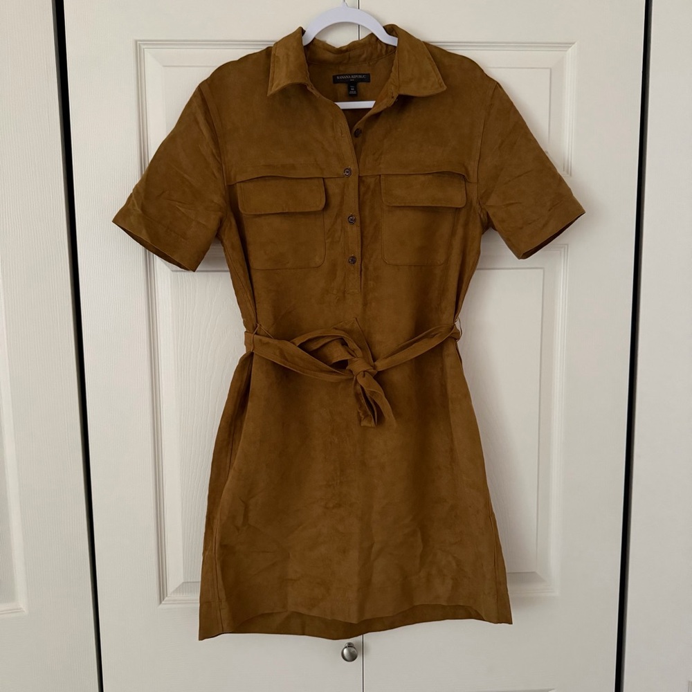 Banana Republic Vegan Suede Mini Shirtdress brown size medium tall collared - Picture 2 of 8